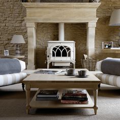 a living room filled with furniture and a fire place