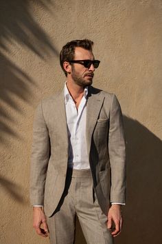 Beige striped suit - Made in Italy Beige Suits Wedding, Linen Suit Men, Costume Beige, Khaki Suit, Stylish Mens Suits, Striped Suit, Classy Suits