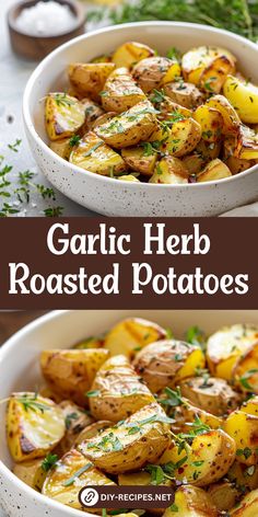 garlic herb roasted potatoes in a white bowl with parsley on top and the recipe below