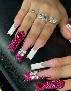 Pink Bling Nails, Punk Nails, Acrylic Press On Nails, Colored Acrylic Nails, Nail Tip, Dope Nail Designs, Exotic Nails