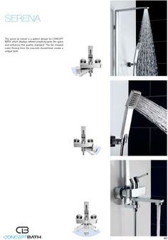 three different views of the shower head and handset in an advertisement