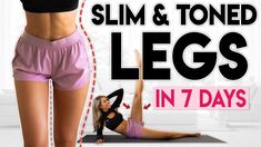 a woman in pink shorts and black top doing exercises on a yoga mat with the words slim & toned legs in 7 days