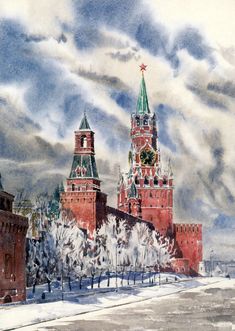 watercolor painting of the kreme tower in moscow, with snow on ground