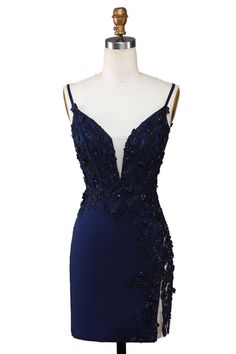 Plunge Neck Navy Blue Appliques Bodycon Short Dress Grad Dresses Navy Blue Short Tight, Aesthetic Hoco Dresses, Navy Blue Bodycon Dress, Bodycon Short Dress, Blue Bodycon, Blue Bodycon Dress, Winter Formal Dresses, Junior Prom Dresses, Short Bodycon Dress