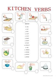 the kitchen verbs worksheet is shown