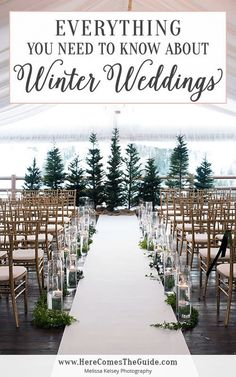 a white tent with rows of chairs set up for a winter wedding ceremony and the words everything you need to know about winter wedding