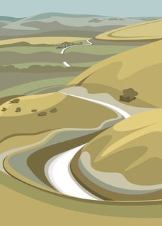 a painting of a winding road in the hills