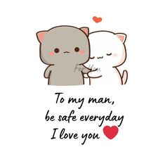 two cats hugging each other with the words to my man, be safe everyday i love you