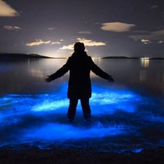 a person standing in the water with their arms spread out and lights shining on them