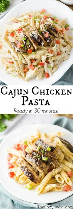 two plates filled with pasta and chicken on top of each other, next to the words cajun chicken pasta ready in 30 minutes