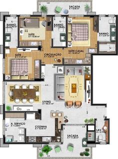 the floor plan of a three bedroom apartment with two bathrooms and an attached bathroom area