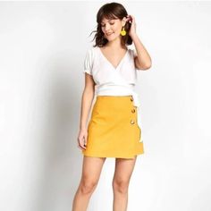 New With Tags Mustard Yellow Faux Wrap Skirt With Side Buttons Casual High Waist Wrap Skirt For Work, Chic Yellow Skort For Day Out, Mustard Yellow Skirts, Yellow Mini Skirt, Gold Mini Skirt, Faux Wrap Skirt, Overall Skirt, Green Mini Skirt, Wool Mini Skirt