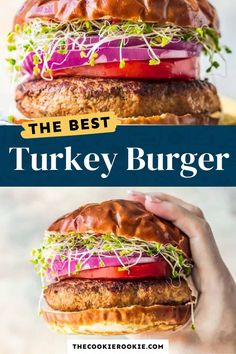 the best turkey burger with lettuce and tomato on top is shown in two photos