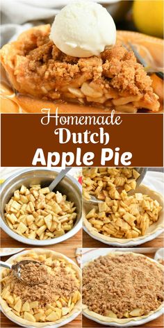 homemade dutch apple pie with apples in the background and an image of some pies on top