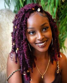 Colourful Faux Locs, Boho Goddess Locs Short, Fairy Locs Hairstyle, Locks Hairstyles For Black Women, Mermaid Locs Goddess, Short Goddess Faux Locs, Purple Locs Black Women, Ruby Season, Purple Faux Locs