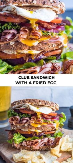 the sandwich is cut in half and stacked on top of each other with cheese, bacon, lettuce, and egg