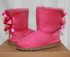 Hot Pink Ugg Boots, Pink Suede Boots, Pink Ugg Boots, Ugg Kids, Pink Uggs, Bailey Bow Uggs, Bow Boots, Bailey Bow, Boots Style