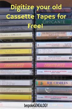 cassette tapes stacked on top of each other with the words digitize your old cassette tapes for free