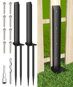 there are several different types of screws in the grass next to a wooden fence