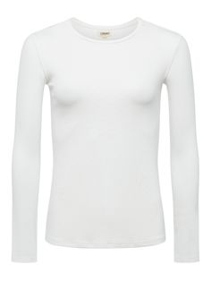 Modern and elegant slim-fit top in white. Ultra-soft microfiber jersey has a luxuriously silky hand and clings lightly to the figure. Look includes crew neck and sleek long sleeves. Beautiful wardrobe stable that works on its own or as a base layering piece. Classic White Fitted Long Sleeve Top, White Fitted Long Sleeve Crew Neck Top, Elegant Fitted Crew Neck Long Sleeve Top, Elegant Fitted Long Sleeve Crew Neck Top, Elegant Fitted Long Sleeve Top With Crew Neck, Elegant White Fitted T-shirt, Classic Stretch Long Sleeve Top With Crew Neck, Great Neck New York, Beautiful Wardrobe