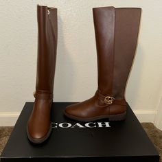 Brown Coach Farrah Leather Boots Coach Boots Size 8 Has Some Creases/Marks Due To The Nature Of Leather Approximate Measurements Are Shown In Inches Refer To All Photos Formal Brown Boots With Flat Heel, Leather Flat Boots For Fall, Brown Flat Boots For Fall, Brown Flat Heel Boots For Office, Elegant Brown Flat Heel Boots, Elegant Brown Boots With Flat Heel, Brown Round Toe Office Boots, Coach Boots Medium Width For Fall, Coach Boots For Fall In Medium Width