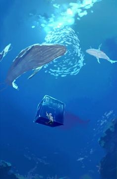 an underwater scene with plastic containers floating in the water and sharks swimming around them,