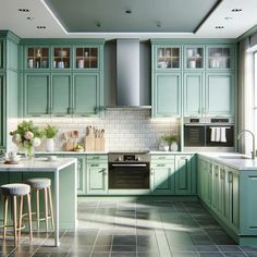 a kitchen with green cabinets and white counter tops, along with stools on the floor