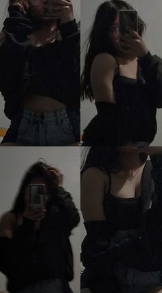 a woman taking a selfie with her cell phone in four different pictures, all showing the same outfit