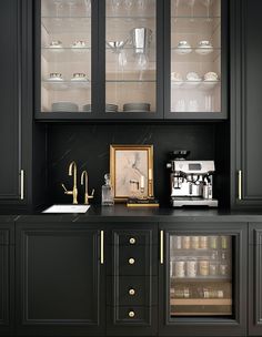 House & Home - An Elegant Kitchen Design You'll Love French Range, Bar Buffet Cabinet, Coffee Bar Ideas Kitchen Counter, Kitchen Cabinet Inspiration, Coffee Station Kitchen, Elegant Kitchen Design, Black Kitchen Cabinets, Big Kitchen