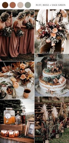 a collage of photos showing different types of wedding cakes and flowers, with text that reads rust, rich & sage green