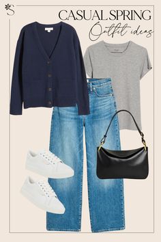 Spring Outfit Ideas - Blue Cardigan + Grey Tee Grey Tee Outfit, Navy Blue Coat Outfit, Blue Tee Outfit, Navy Cardigan Outfit, Blue Coat Outfit, Blue Cardigan Outfit, Cardigan Outfit Spring, Outfits With Grey Cardigan