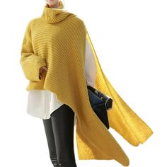 Yellow High Collar Long Sleeve Knit Windbreaker Casual Pullover Sweater, Knitted Cape, Loose Coats, Lantern Sleeve Dress, Loose Knit Sweaters, Womens Turtleneck, High Neck Long Sleeve, Knit Tops, Long Sleeve Turtleneck