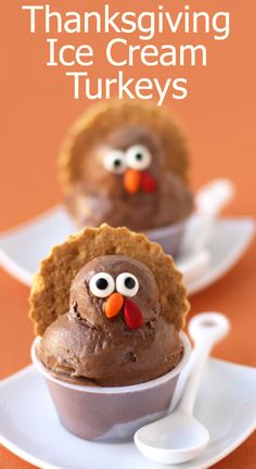 thanksgiving ice cream turkeys with chocolate frosting and googly eyes in small bowls