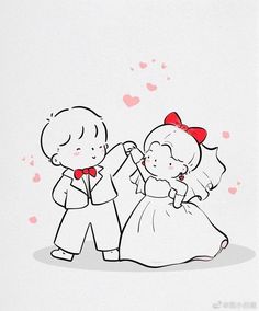 a drawing of a little boy and girl in wedding attire holding hands with each other