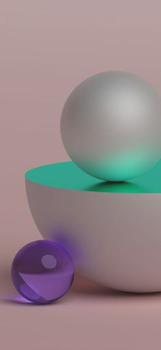 an egg sitting on top of a white bowl next to a purple and green object