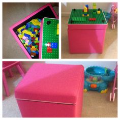 there is a pink toy box with legos in it and other pictures of the inside