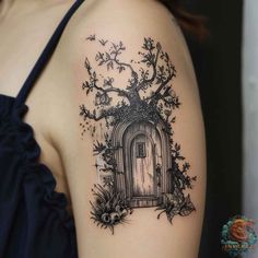 This enchanting tattoo design depicts a mystical doorway entwined with a tree, evoking a sense of wonder and fantasy. Perfect for those looking for unique and creative tattoo ideas. Explore more captivating designs at inktat2.com. Fantasy Tattoo Arm, Fantasy Tree Tattoo, Secret Garden Tattoo Ideas, Garden Door Tattoo, Magical Forest Tattoo, Fairy Door Tattoo, Doorway Tattoos, Witchy Tattoo Sleeve, Fantasy Sleeve Tattoo