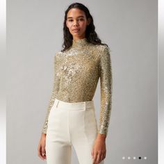 Gorgeous And Festive Gold Sequin Turtleneck By Tory Burch! Brand New With Tags! Sequin Turtleneck, Silk Tunic Top, Silk Sleeveless Top, Gold Holiday, Embroidered Bodice, Holiday Tops, Designer Tops, Striped Long Sleeve Shirt, Gold Sequin