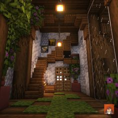 the inside of a house in minecraft with plants and flowers on the walls, stairs to the second floor