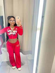 #edhardy #set Ed Hardy Two Piece Set, Present Dress Up Day, Hoodrich Outfit Women, Cute Outfits Red And Black, Red Ed Hardy Outfit, Red Rick Owens Outfit Black Women, Outfits With Red Sweatpants, Hoodie With Leggings Outfits, Ed Hardy Shorts Outfit