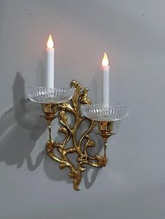 "This ornate brass double wall sconce is absolutely beautiful! It is large and heavy. It is 14 inches long, 9.5\" wide, 8\" deep, and weighs over 3 lbs. The gorgeous bobeche candle holder cups are large and heavy as well. They are 6\" wide, 2\" tall, and weigh 2 lbs. They have sparkling ribbed glass with scalloped tops. They are in great condition.  No chips or cracks. This vintage style and quality is hard to find. The daul sconce is pictured with battery-operated candlesticks and tealights. No Vintage Room Wall Decor, Fun Sconces, Modern Witch Decor, Vintage Wall Candle Holders, Battery Operated Wall Sconces, Diy Wall Sconces, Vintage Candle Sconces, Victorian Wall Sconces, Real Candles