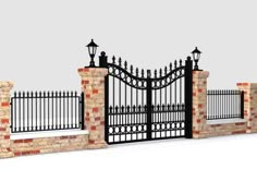 an iron gate and brick fence with lanterns on top, in front of a white background