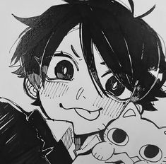 a black and white drawing of a boy holding a teddy bear in his hand with one eye open