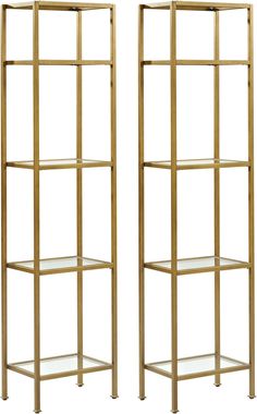 two gold metal shelvings with glass shelves on each side, one is open and the other is closed