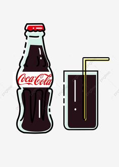 an illustration of a bottle of coke with a straw and a glass next to it