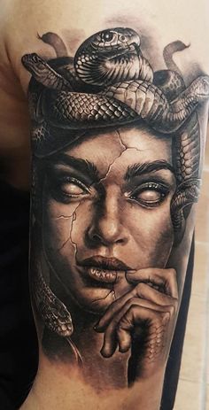 a woman with a snake on her head is shown in this tattoo art photo shoot