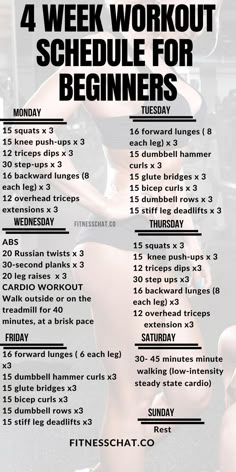 a workout schedule for beginners with an image of a woman doing squats in the gym