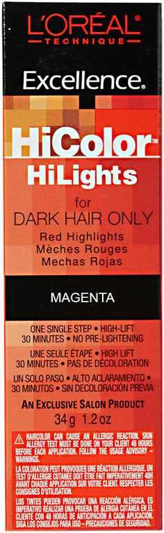 NEW HiColor RED HiLights by L'Oreal Excellence is the first highlighting series formulated for dark hair.  Rich, no-drip creme makes it easy for control of creative techniques .  True-to-shade color that resists fading. L'Oreal Excellence HiColor Red HiLights is available in Magenta and Red.  30 minute processing time No pre-lightening required Use with L'oreal Oreor Developer for best results "Developer not included". You must use this product with a developer. *All of our products are 100% aut Loreal Hicolor Red, Loreal Hicolor, Copper Hair Color, Red Highlights, Creme Color, Sally Beauty, Permanent Hair Color, Red Hair Color, Hair Stuff