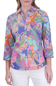 A vibrant paisley print lends styling versatility to this button-up shirt framed by three-quarter sleeves. 26" length (size 6) Front button closure Spread collar Three-quarter sleeves with button cuffs 100% cotton Machine wash, line dry Imported Paisley Print 3/4 Sleeve Summer Top, Summer Tops With Paisley Print And 3/4 Sleeves, Summer Paisley Print Top With 3/4 Sleeves, Paisley Print Summer Top With 3/4 Sleeves, Balenciaga Pants, Pants Denim, Blue Paisley, Denim Pant, Denim Top