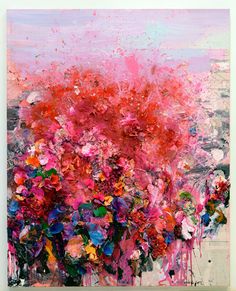 an abstract painting with pink and red colors on it's surface, in the middle of